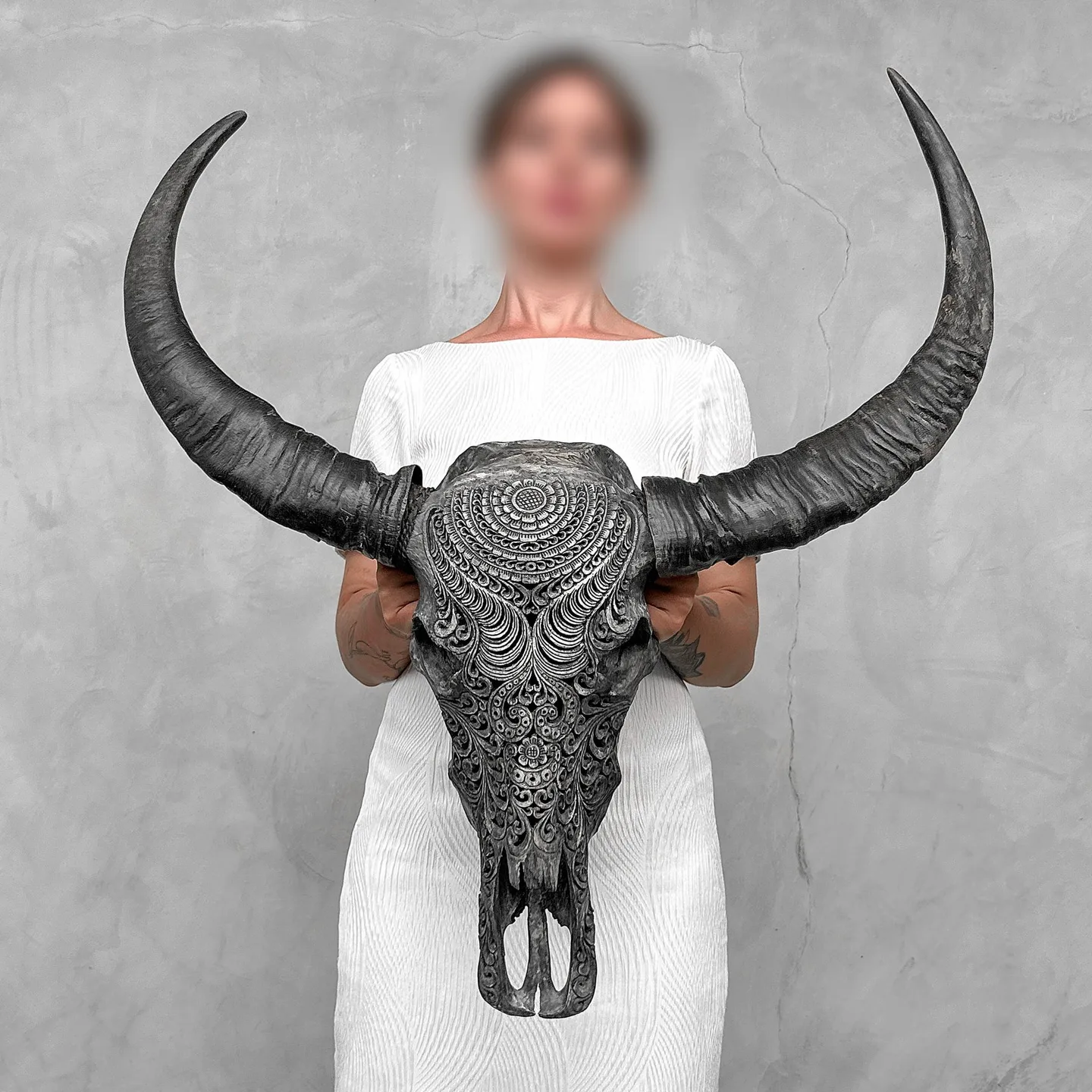 Authentic grey carved skull Water buffalo - motif Badong - Bubalus Bubalis