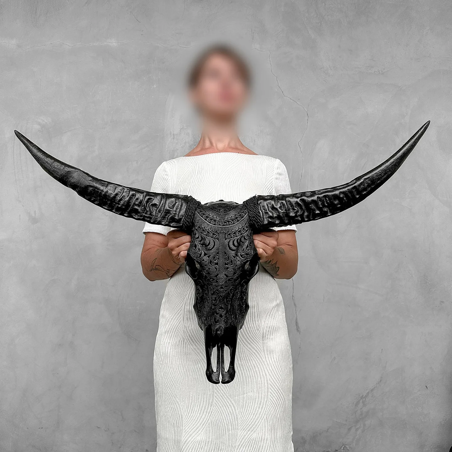 Authentic black carved skull Water buffalo - motif Badong - Bubalus Bubalis