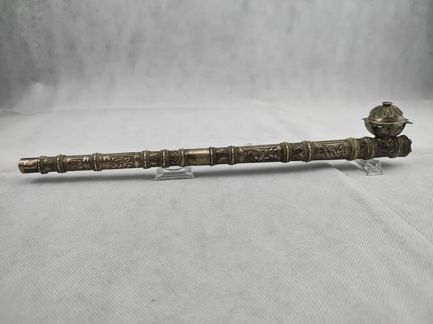 Large 34cm beautiful decorated silver-plated opium pipe in Cambodia